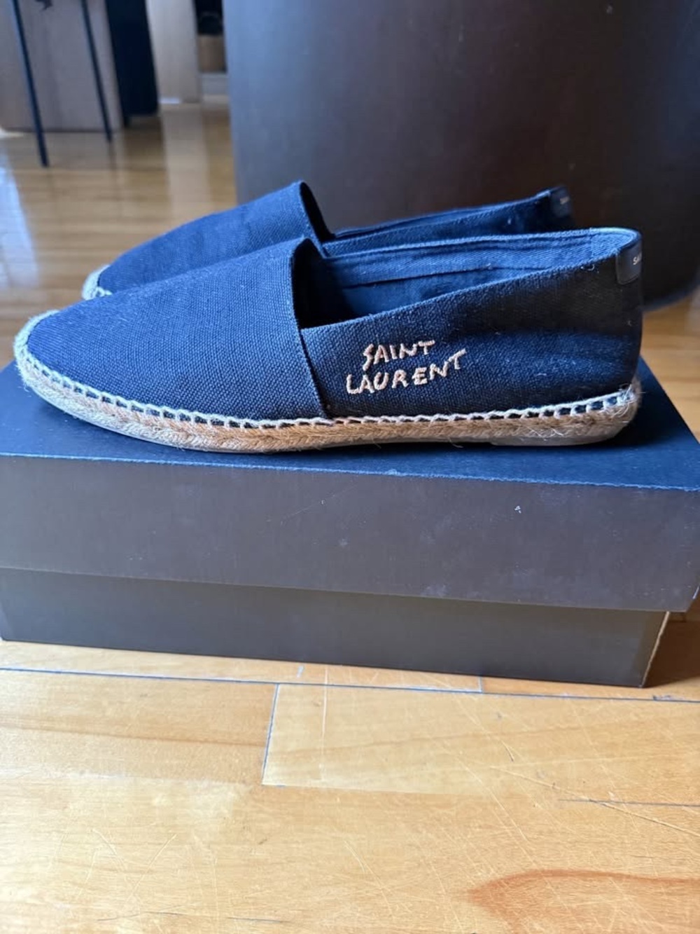 Saint Laurent Black Canvas Espadrille Slip-Ons with Natural Jute Sole
